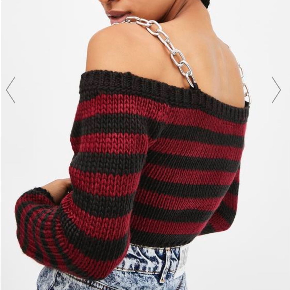 The Ragged Priest Black and Red Stripe Off-Shoulder Knit Sweater